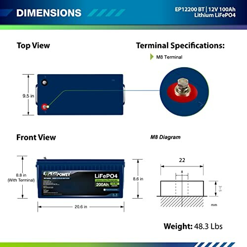 ExpertPower LiFePO4 Battery dimensions and specifications