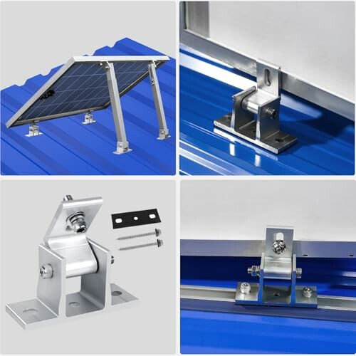 Collage of solar panel mounting hardware on blue metal roof.