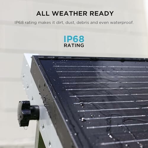 Close-up of a solar panel with IP68 rating, showing water droplets.